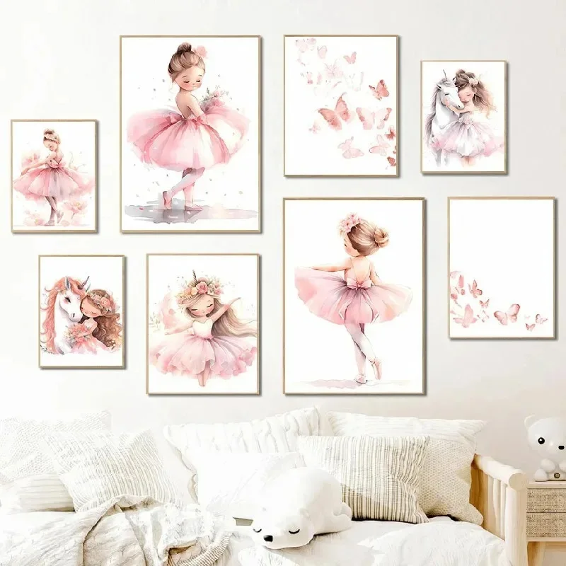 Baby Nursery Frames - Rosa Ballerina Mädchen Einhorn Schmetterling Poster