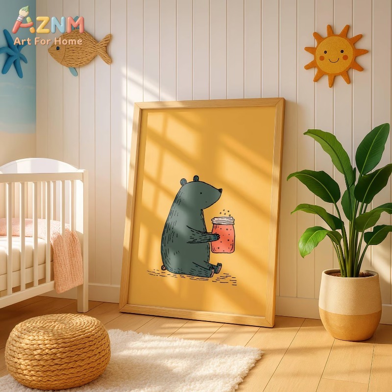 Baby Nursery Yellow - AZNM Cartoon Bär Honigglas Leinwand Wandkunst