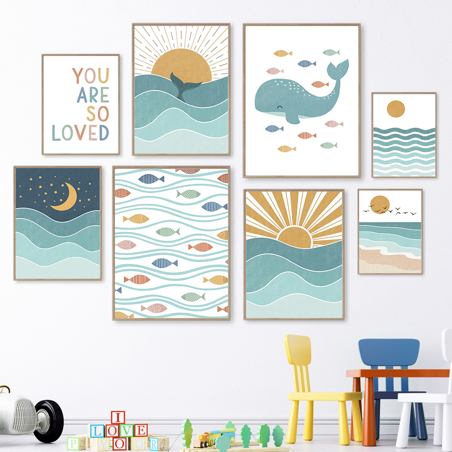 Baby Boy Nursery Quotes - (2D-Leinwandgemälde) Fisch, Wal, Möwe, Sonnenaufgang, Sonnenuntergang,