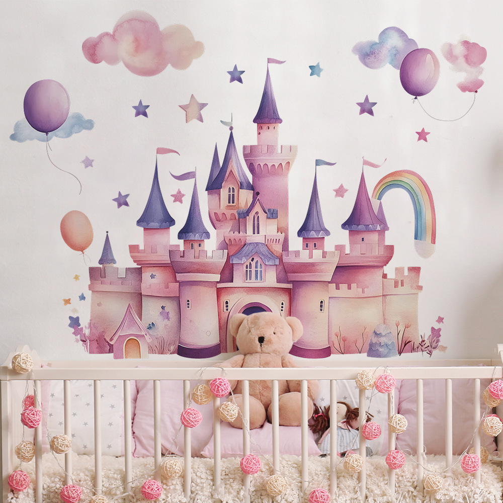 Baby Nursery Wall Decals - Rosa Schloss-Wandaufkleber, Wolken, Sterne, Regenbogen, Ballon,