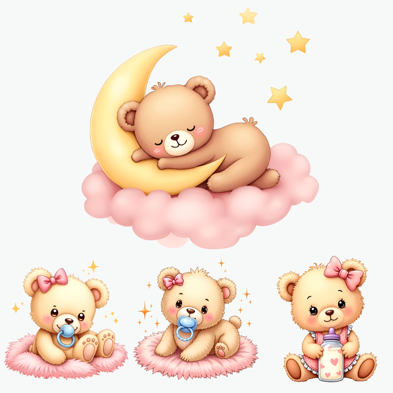 Baby Nursery Yellow - Süße Babybären-Aufkleber-Set in zartem Rosa und