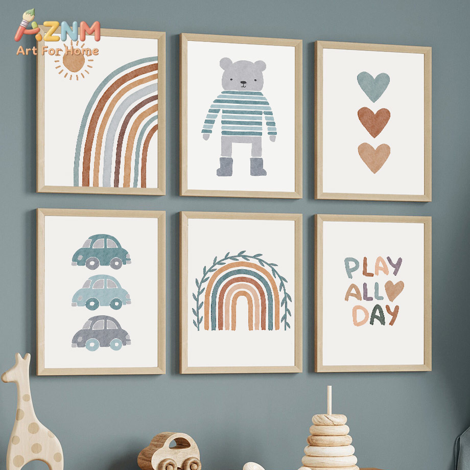 Baby Boy Nursery Quotes - AZNM Neutraler Boho Regenbogen-Bär Auto Leinwand-Wandkunst